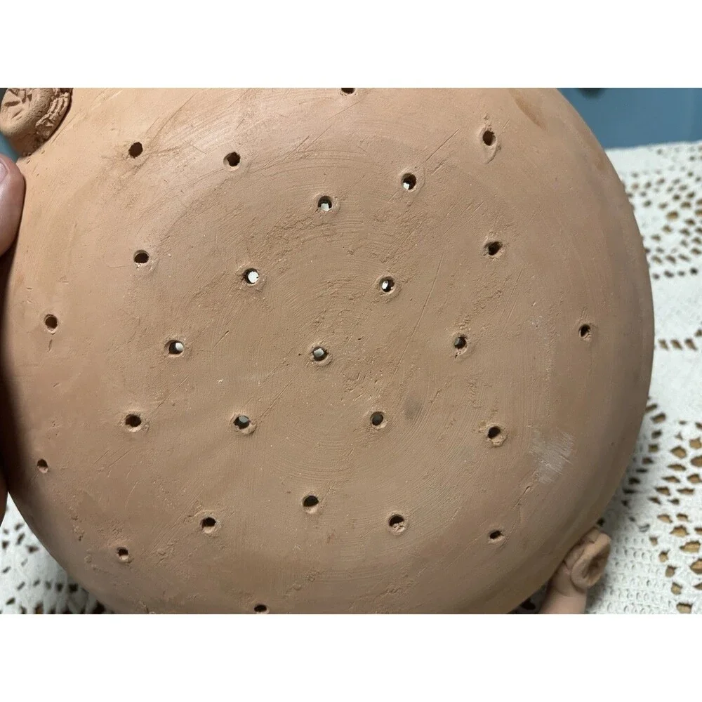 Handmade Brown Clay Ceramic Art Pottery Perforated Bowl w/ Handles Stamped